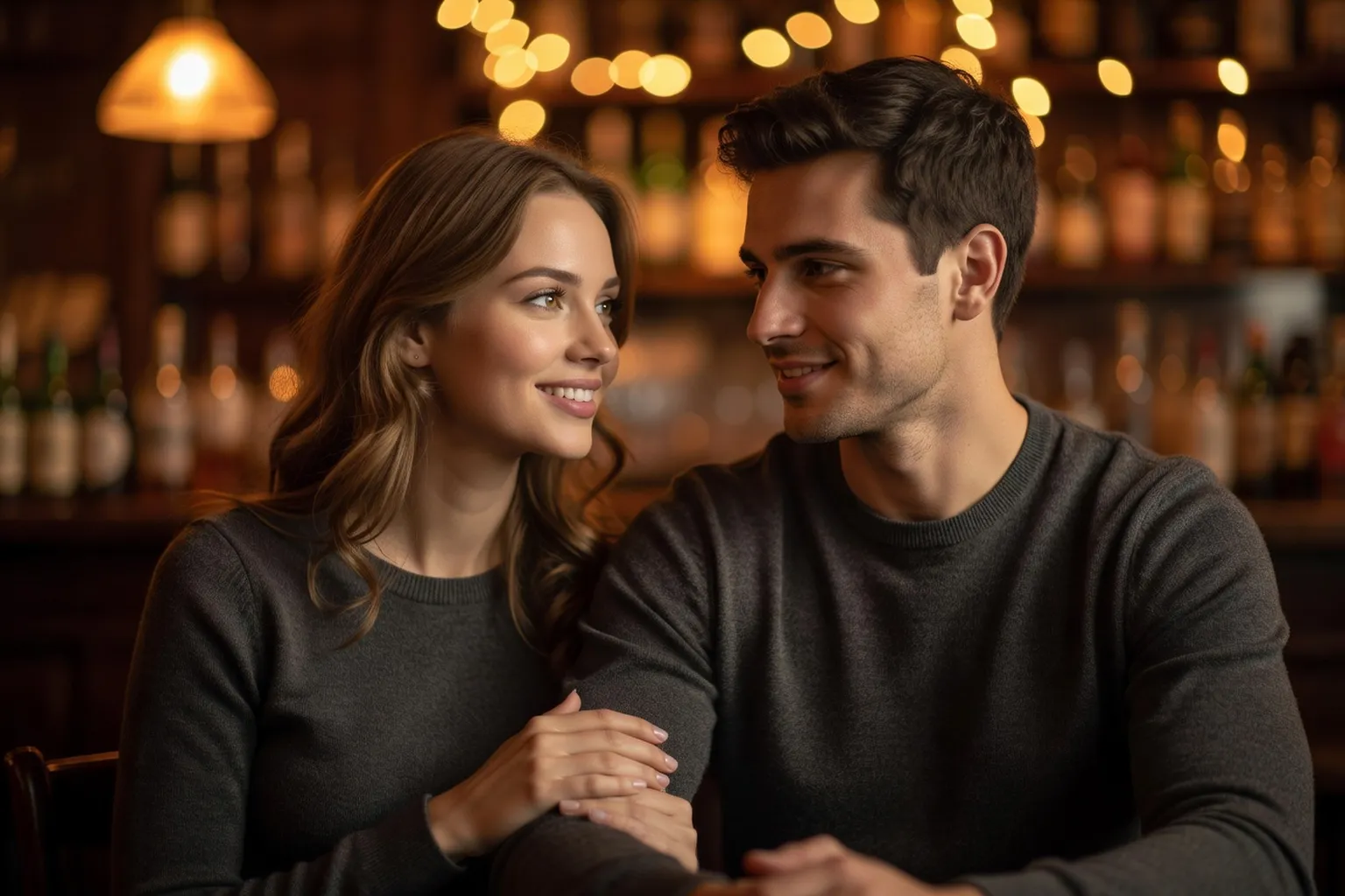 Femme souriante posant délicatement sa main sur le bras d'un homme dans un bar tamisé